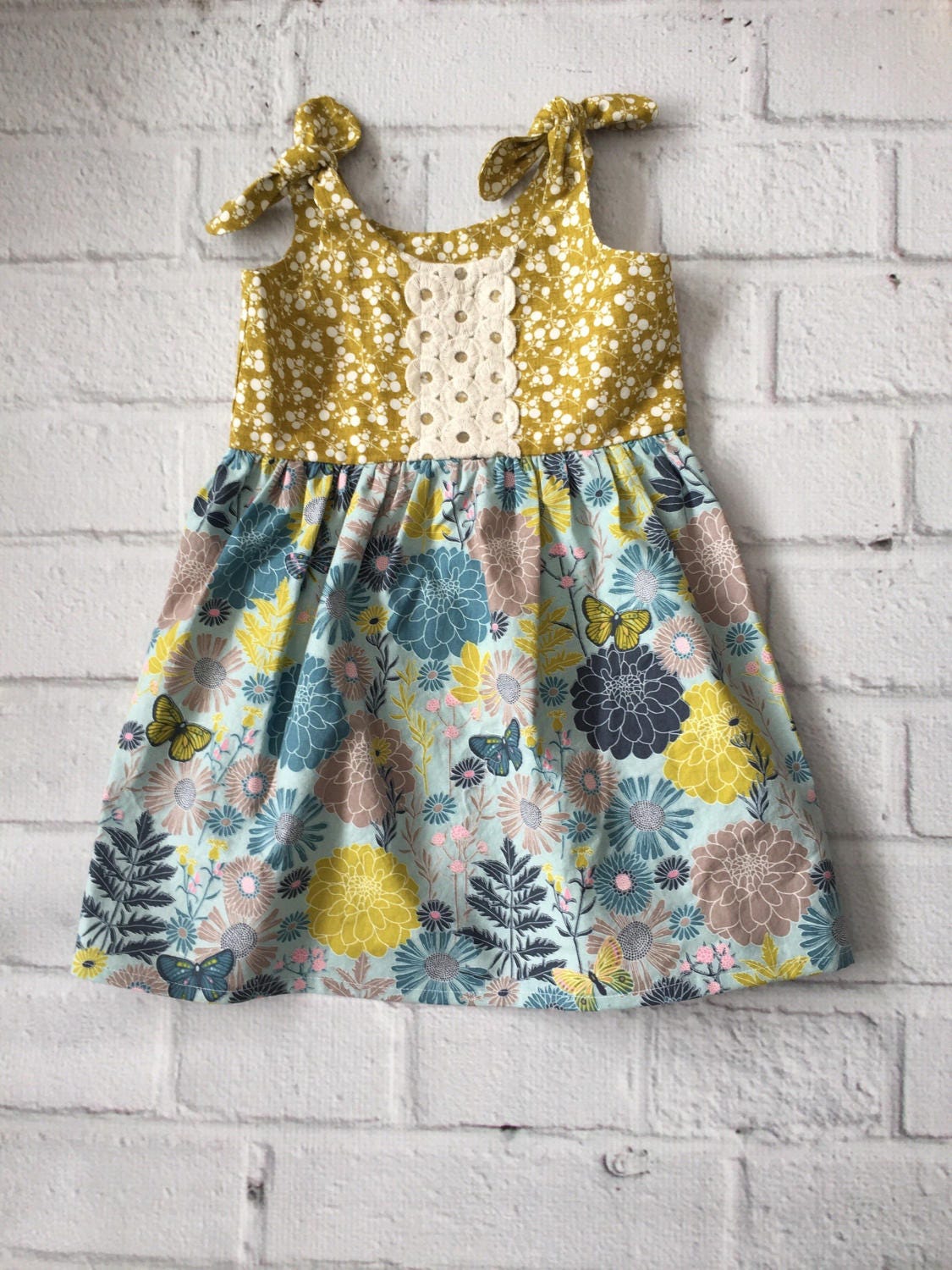 Boho Baby Dress Vintage Style Dress Girls Dress Mustard Blue