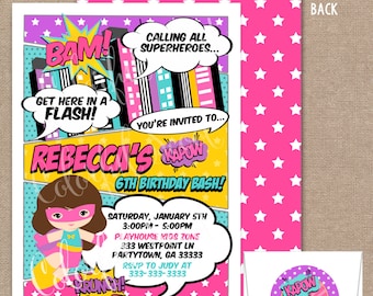 Girl Superhero Invitation, Girl Superhero Party, Comic Book, Girl Superhero Birthday, Pink, Purple, Blue, Yellow, #0020
