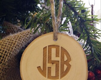 Baby's First Christmas Ornament - Monogram Ornament - Engraved Wood Slice Ornament -