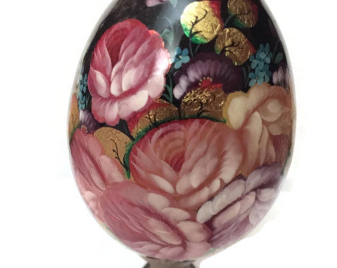 Russian Lacquerware Decorative Egg | Wooden Egg Painted Pink and Yellow Flowers with foiled elements signed Makarova in Cyrillic Mom Teen