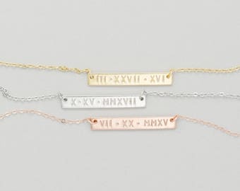 Roman Numeral Necklace / Gold Bar Necklace / Personalized Special Date Necklace / Nameplate Necklace / Bridesmaid Gifts / Dainty Gold Bar