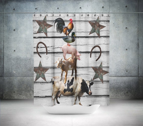 Primitive Rustic Shower Curtain Stacked Farm Animals Faux
