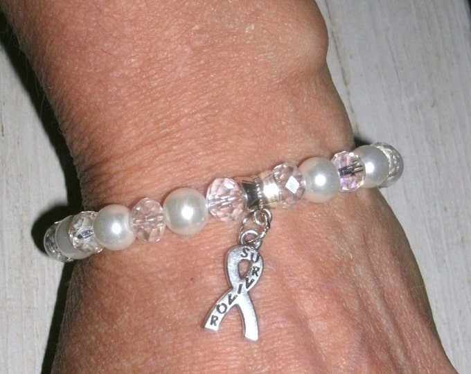 CUSTOM CANCER SURVIVOR bracelet, stretch bracelet, cancer awareness, made in your colors, glass, crystal, pearl, other, survivor ribbon