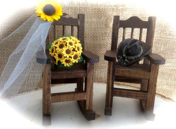 Sunflower Rocking Chair Cake Topper With Sunflower Bouquet/Veil & Cowboy Hat