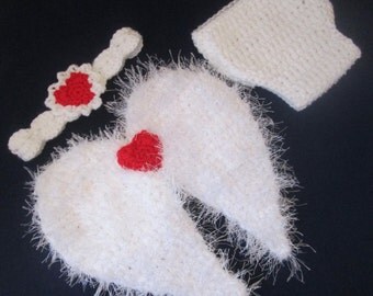 Valentine's Baby Cupid/Angel Handmade Crocheted 3 Piece Baby Set/Outfit/ Newborn Photography Prop