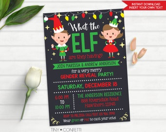 elf gender reveal invitation, christmas gender reveal invitation, what the elf gender reveal invitation, printable, red, green, winter