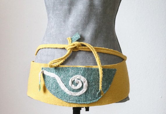 yellow green wool belt I Wool Fabric wrap I Sash-belt I yellow loden obi I loden belt with pocket