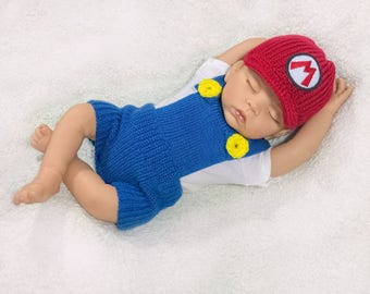 Mario baby photo prop crochet diaper cover set baby crochet outfit mario baby costume boy baby mario costume hat mario photo prop Halloween