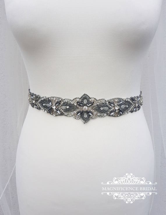 Grey Bridal belt grey beaded belt black diamond black