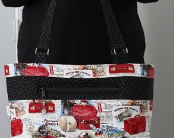 Morgan Travel Tote - overnight work school baby, outside/inside pockets, zipper top, quilted, padded, sturdy; travel theme, vintage look