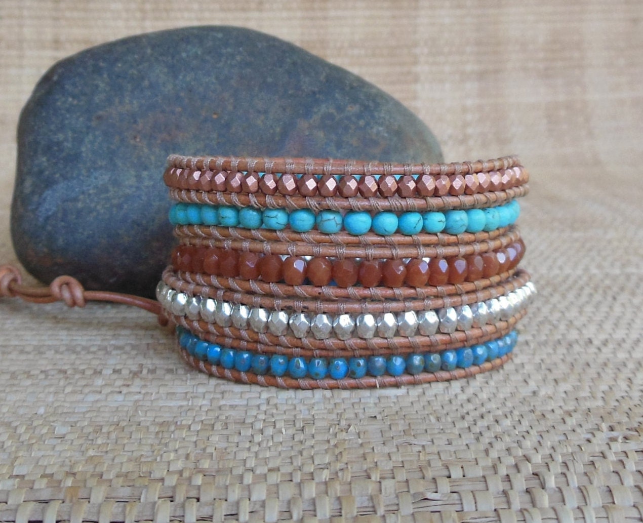 Turquoise Leather Wrap Bracelet/5 Wrap by DevaOriginalBracelet