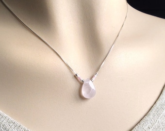 Chain with natural rose quartz pendant natural gemstone drop beads pink white silver sterling silver chain and faceted