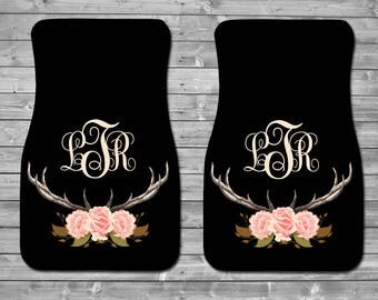 Personalized Car Mats ,Monogrammed car mats, Floral Antler Car Mats, Cute car accessories, New driver gift, Sweet 16 Gift