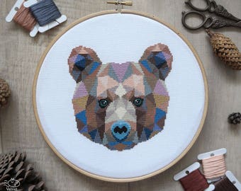 Bear Cross Stitch Pattern, Geometric Animals, Animal Cross Stitch, Bear Embroidery, Nursery Wall Art, Woodland, PDF Format, Instant Download