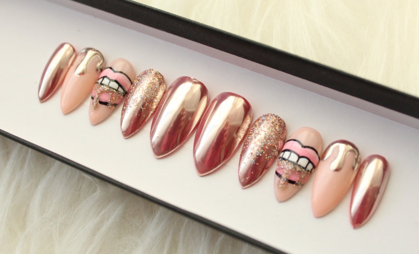 Dripping Lips Press on Nails False Nails Rose Gold Chrome