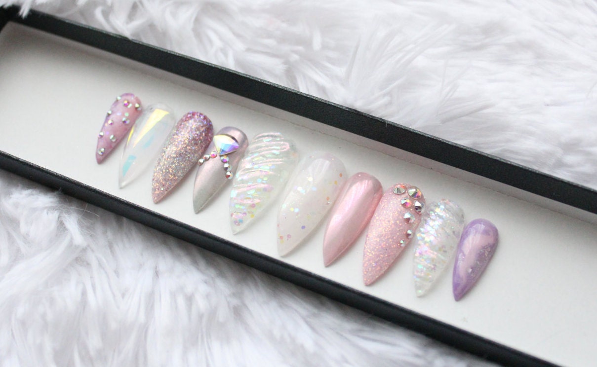 Unicorn Press on Nails Sculpted Horn Ombre Holographic