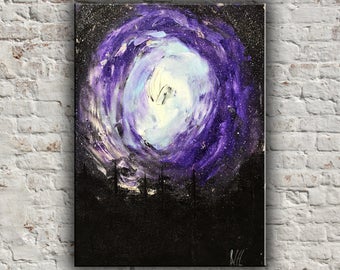 Gift For Men Gift For him Original oil painting Space art Gifts idea for him Painting wall art Violet painting Purple space Sky art Forest