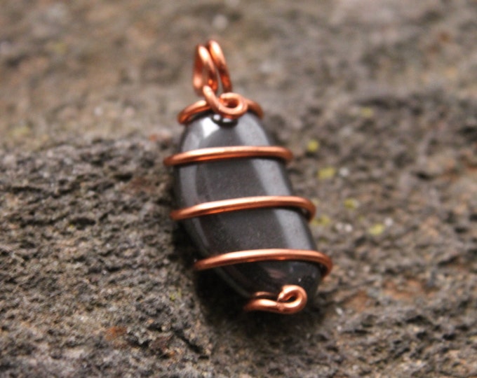 Hematite and Copper Wire Wrap Pendant, Natural Metallic Silver Stone Necklace, Mens or Ladies Jewelry, Simple and Small Gift for Him or Her
