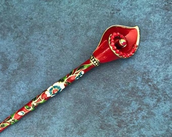 Cloisonne Hair Stick, Red Calla Lily, Chopstick, Rhinestone, Hair Jewelry, Oriental, Asian, Flower, Floral, Updo