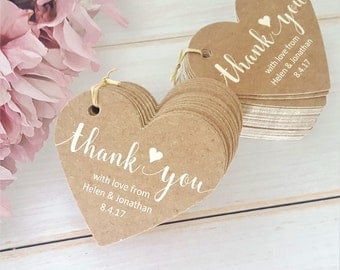 10 Personalised Wedding Favour Tags, Thank You - Heart Shaped Tag - Kraft Effect with Ivory Cream Writing