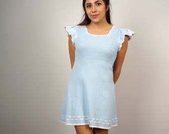 Baby Blue and Pink Knit Mini Dress 60s Vintage Short Flutter Sleeve Empire Waist Dress XS Pandora