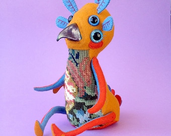 Helakka Henki - Handmade Art Doll -OOAK hand sewn soft sculpture - strange bird beaked spirit animal creature monster vintage needlepoint