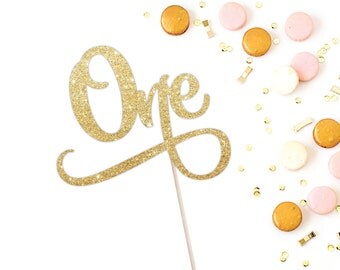 First Birthday Cake Topper - One Cake Topper - Sparkly Gold, customize to any colour (Cursive One Cake Topper)
