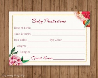 Floral Baby Predictions Card,Roses Baby Shower Games, Floral baby shower predictions, instant download, Rustic - PRINTABLE - BSG003