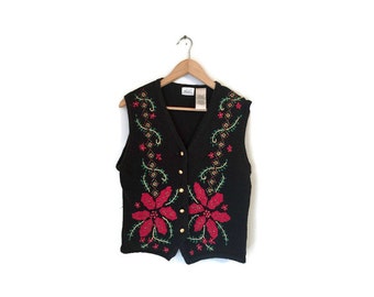 SALE Vintage HOLIDAY vest floral red green gold Ugly Christmas Embroidered Vest Poinsettia knit vest 1980s festive vest womens Large