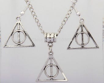 Harry Potter Jewelry Set - Deathly Hallows Necklace & Earrings // Harry Potter Symbol // Harry Potter Gift for Her // Jewelry Set // Charm