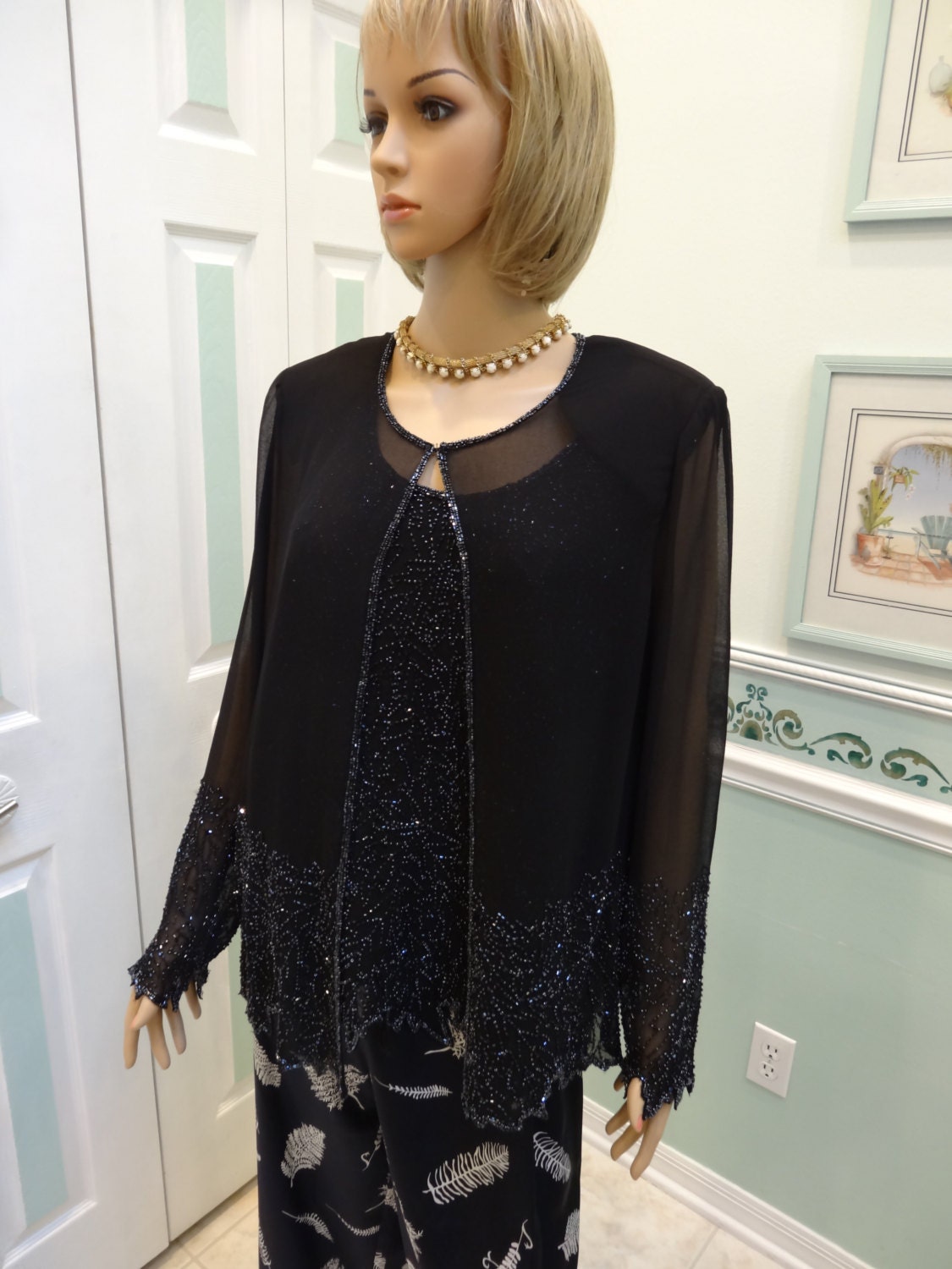 BLACK EVENING beaded Jacket Set made by JKARA sheerBeaded