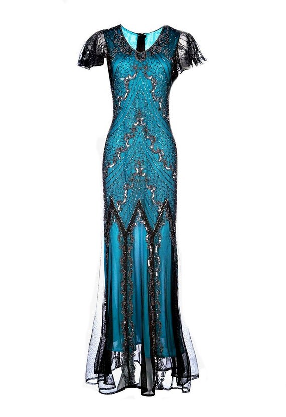Evelyn Blue Beaded Flapper Dress 20s Great Gatsby Dress by Jywal