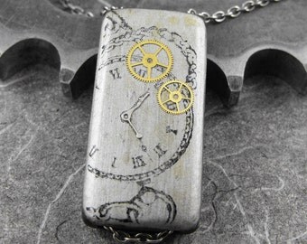 Silver Clockwork Art Bamboo Necklace - Turning Time On Its Head by COGnitive Creations