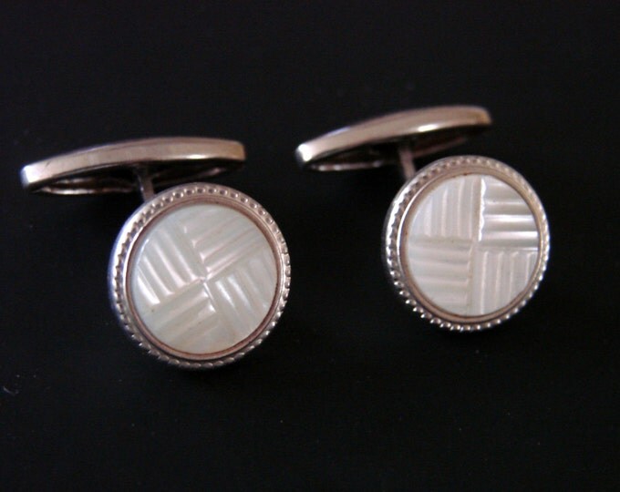 Art Deco Hand Carved Mother of Pearl Silver Cufflinks Mens Jewelry Suit Accessories Wedding