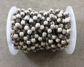 FULL SPOOL - Gunmetal Plated Copper Wrapped Rosary Chain with 6mm Faceted Natural White Howlite Round Shaped Beads - Bulk Jewelry Chain