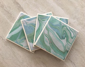 Green Coasters, Marbleized Coasters, Tile Coasters, Ceramic Coasters