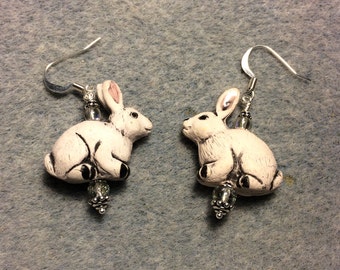 Grey ceramic bunny rabbit earrings adorned with grey Czech glass beads.