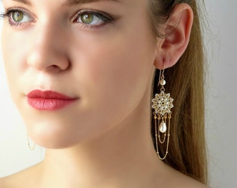 Bridal earrings gold, Gold wedding earring, Chandelier wedding earrings, Bohemian wedding jewelry, Chain dangle earrings gold, Pearl earring