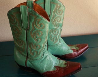 Vintage Old Gringo Turquoise Cowgirl Boots, Turquoise Leather with Brown Wingtips, Women's size 7.5