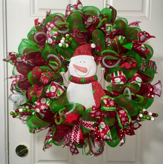 Whimsical Snowman Deco Mesh Wreath Red Green & White 26