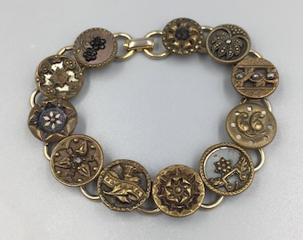 Antique Victorian Brass Button Bracelet - Vintage Buttons, Brass, Cut Steel, Flowers Stars, Floral Motif, Upcycle Button Jewelry