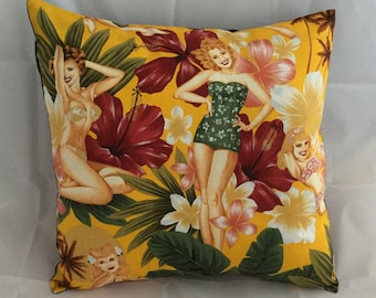 Retro pinup girls & hibiscus flower cushion cover