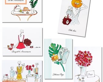 Lot six cartes des Fêtes, enveloppes colorées.