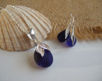 Oceanic Seaham sea glass earring and necklace set, blue sea glass jewelry set, sterling silver sea glass pendant, necklace earring set, gift
