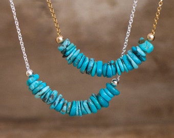 Turquoise Necklace, December Birthstone, Genuine Arizona Turquoise Row Necklace, Real Turquoise Bar Necklace, Gold Silver Turquoise Jewelry