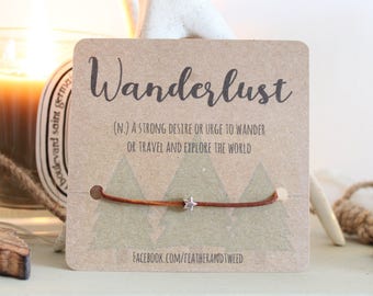 Sterling Silver Star Bracelet with Wanderlust Quote - Tiny star bracelet on leather - wish bracelet / friendship bracelet / travel gift