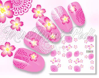 Summer Nail Art Water Decals, Beach Nails, Pink Flower Water Stickers, Mandala Water Decal, Nail Stickers, Tropical Water Nail Decals Y099