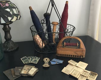 Vintage Sewing Supplies - Group of Sewing Supplies - Vintage Wooden Spools - Sewing Shuttle -Thread and Needles - Instant Collection