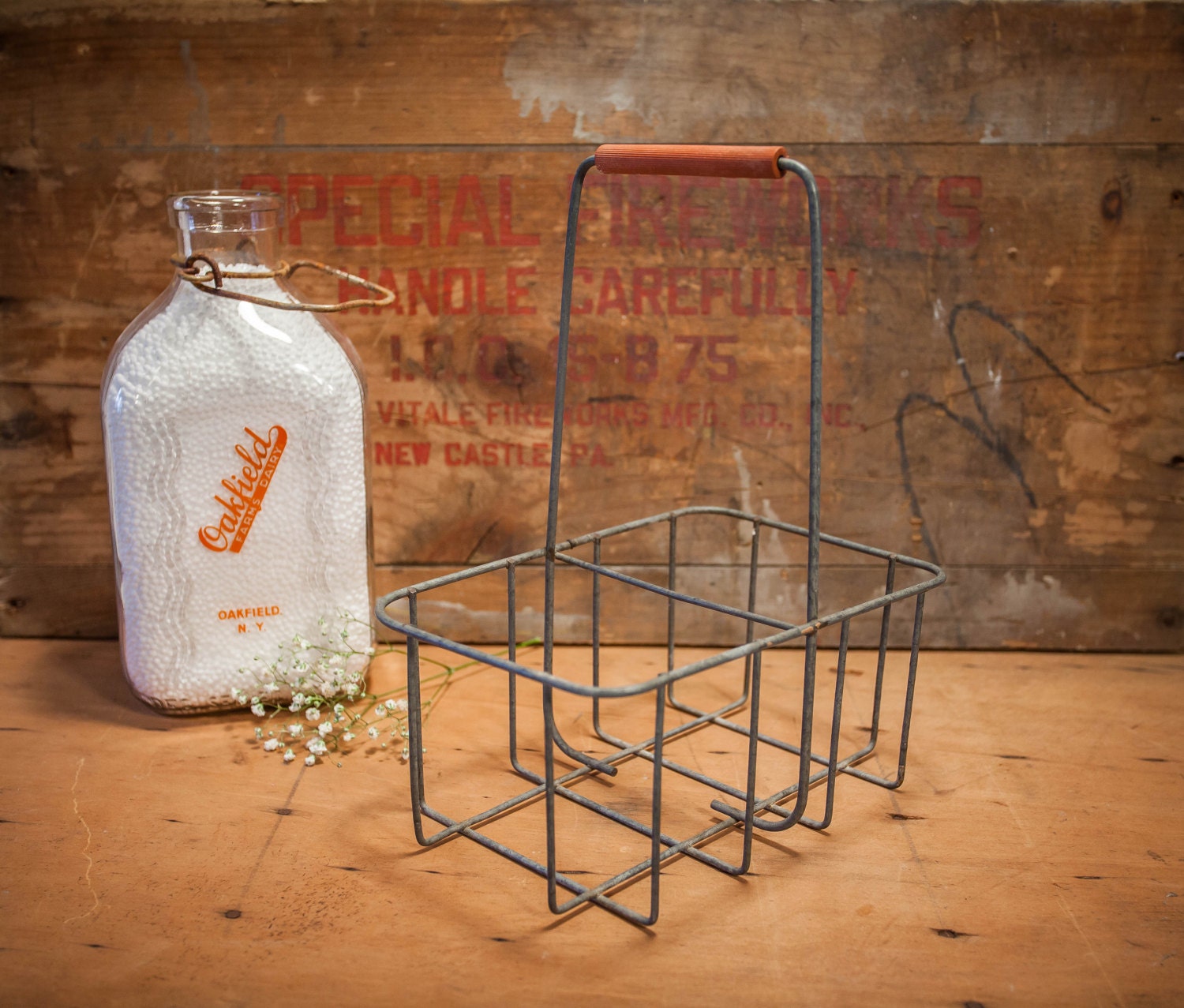 Vintage Metal Wire Milk Bottle Carrier Holder Half Gallon 2 Bottle