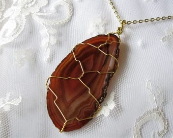 Agate pendant slice agate necklace Wrap agate Wire wrapped agate Brown agate pendant Everyday necklace Mom Gift for her Healing agate